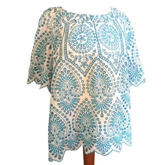 Chicos Boho Aqua/White  Embroidered Eyelet Peasant Blouse Size XL - Picture 1 of 4